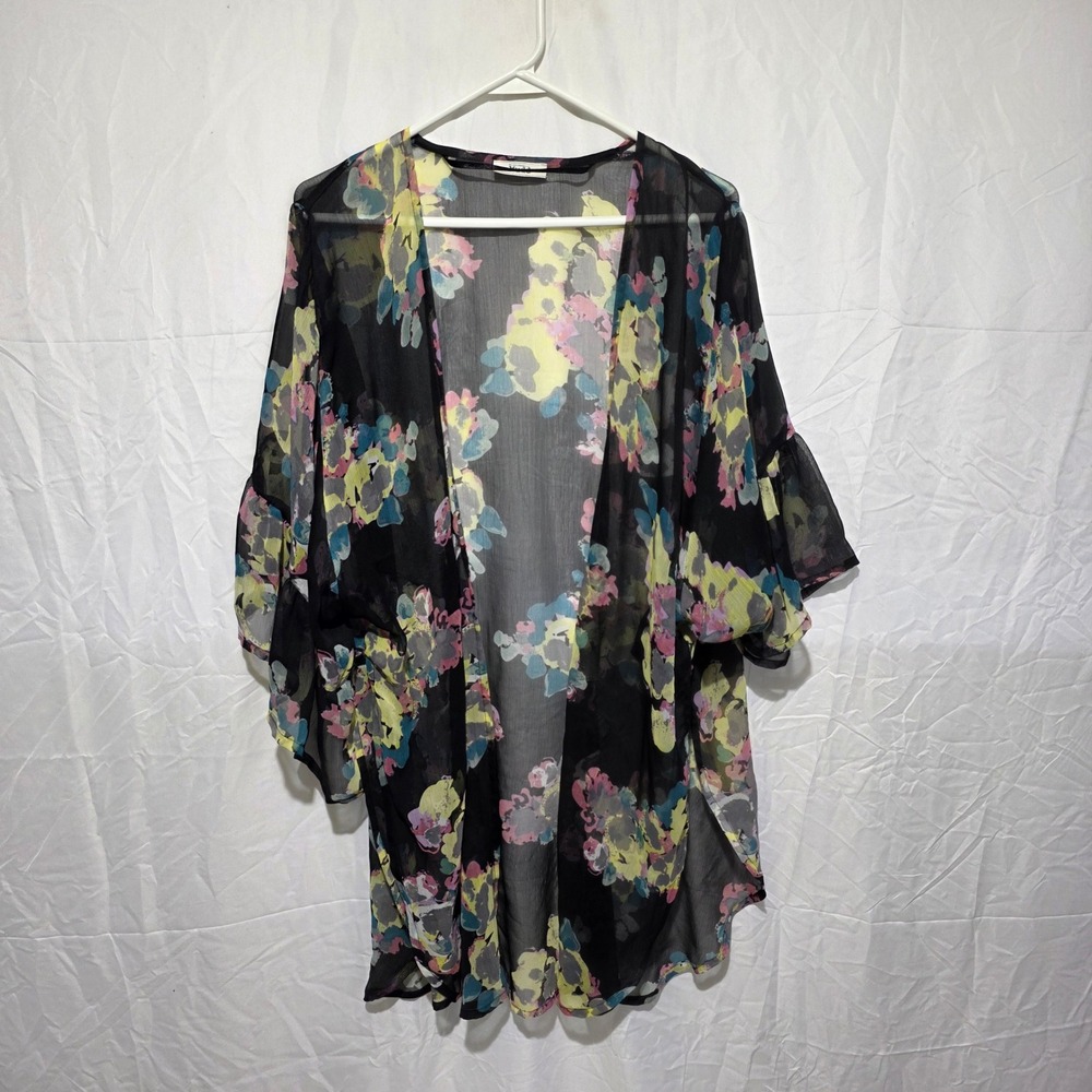 Mudd Floral Kimono Wrap Sheer Chiffon Ruffle Sleeve Black Multi Color Boho Layer